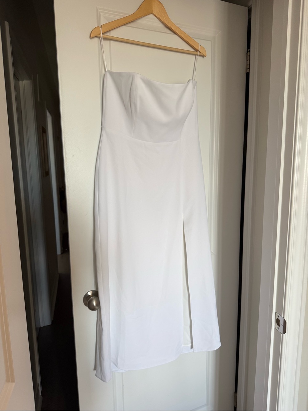Park & Fifth Gramercy Dress- White Strapless Midi Dress with Side Slit